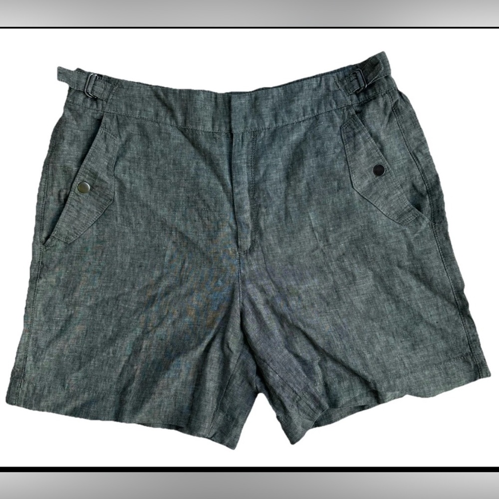 Athleta women’s size 14 voyager linen shorts olive green zip/button closure